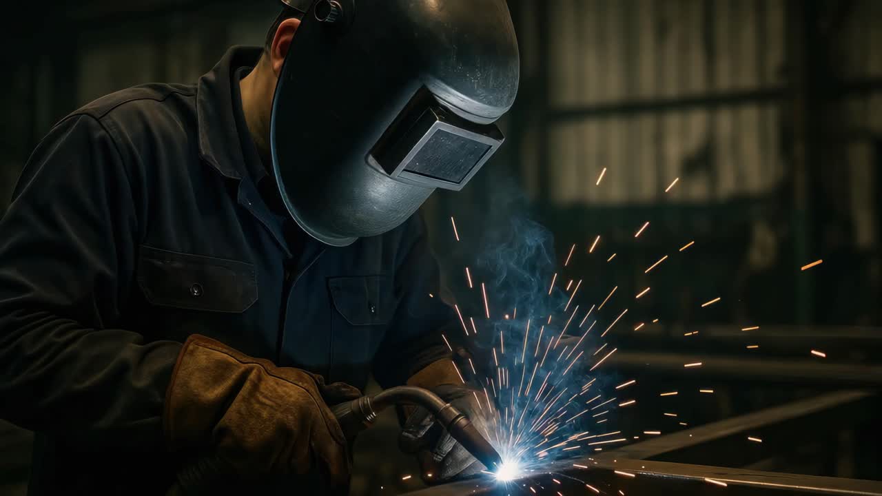 A welder in protective gear works with sparks flying, captured from a side angle