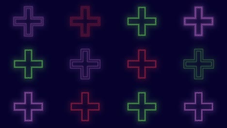 Pulsing-neon-colorful-crosses-pattern-in-rows