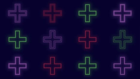 pulsing neon colorful crosses pattern in rows