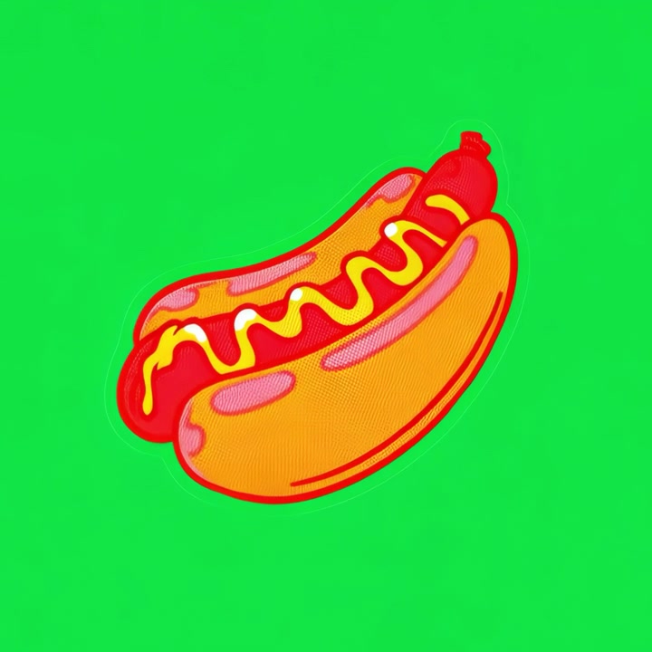 Illustrazione animata di un hot dog su sfondo verde