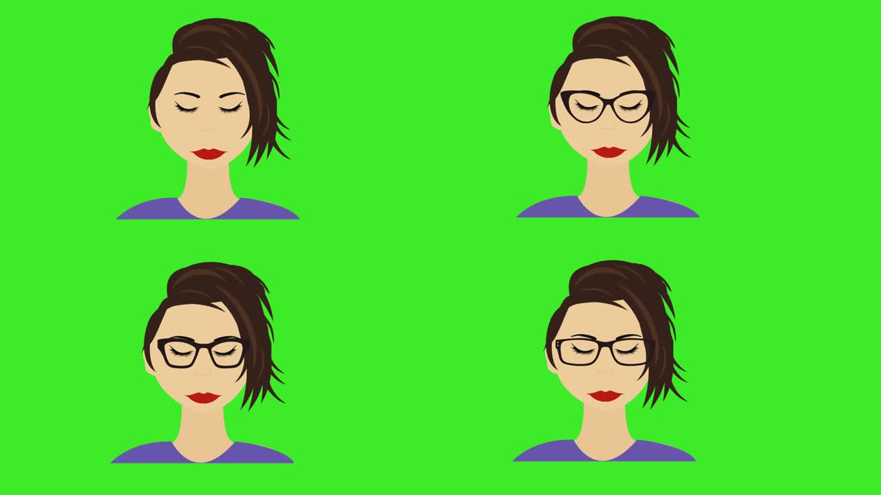 만화 여성 얼굴 아바타 애니메이션, 움직이고 박이는 눈, 녹색 화면 크로마 키