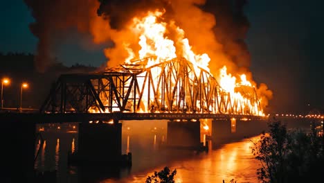 a large bridge on fire over a body of water