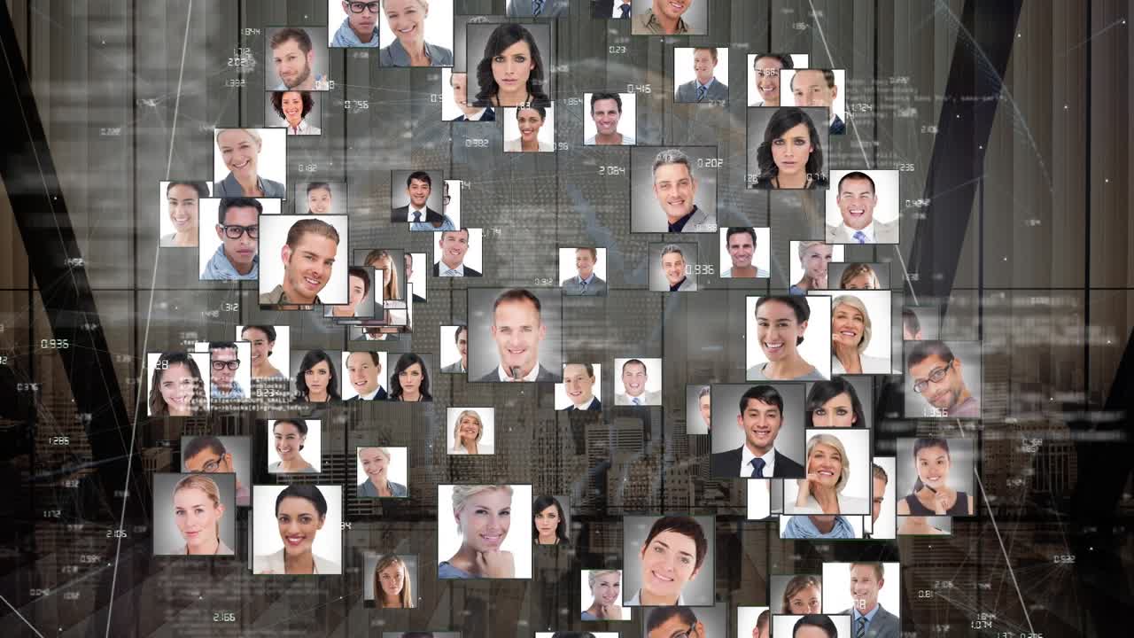 Animazione di dati informatici, punti collegati da linee, foto di persone multirazziali, globo, paesaggio urbano.