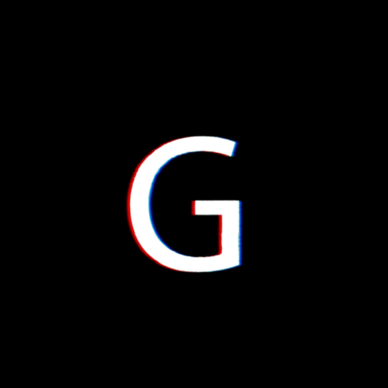 Letter G met glitch-effect op zwarte achtergrond