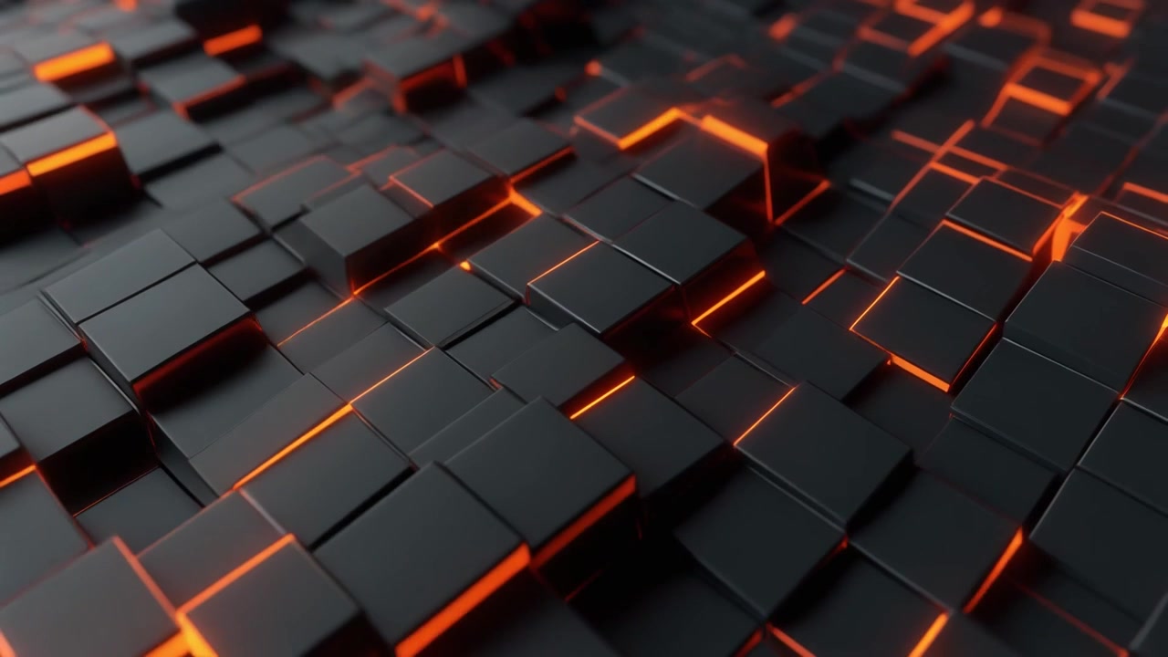 Sfondo 3D Astratto con Cubi Scuri in Movimento e Luce Arancione Brillante