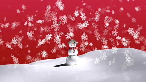 Animation-of-snow-falling-over-snowman-in-winter-scenery