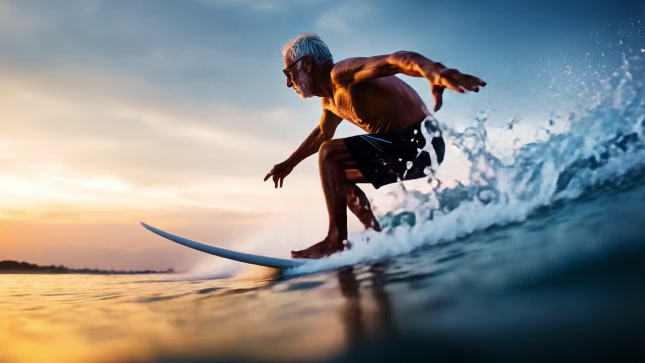 A Senior Surfer Thriving on Waves: Capturing the Spirit of Adventure and Freedom in Ocean Surfing at Sunset, Defying Age with Passion and Skill on the Surfboard