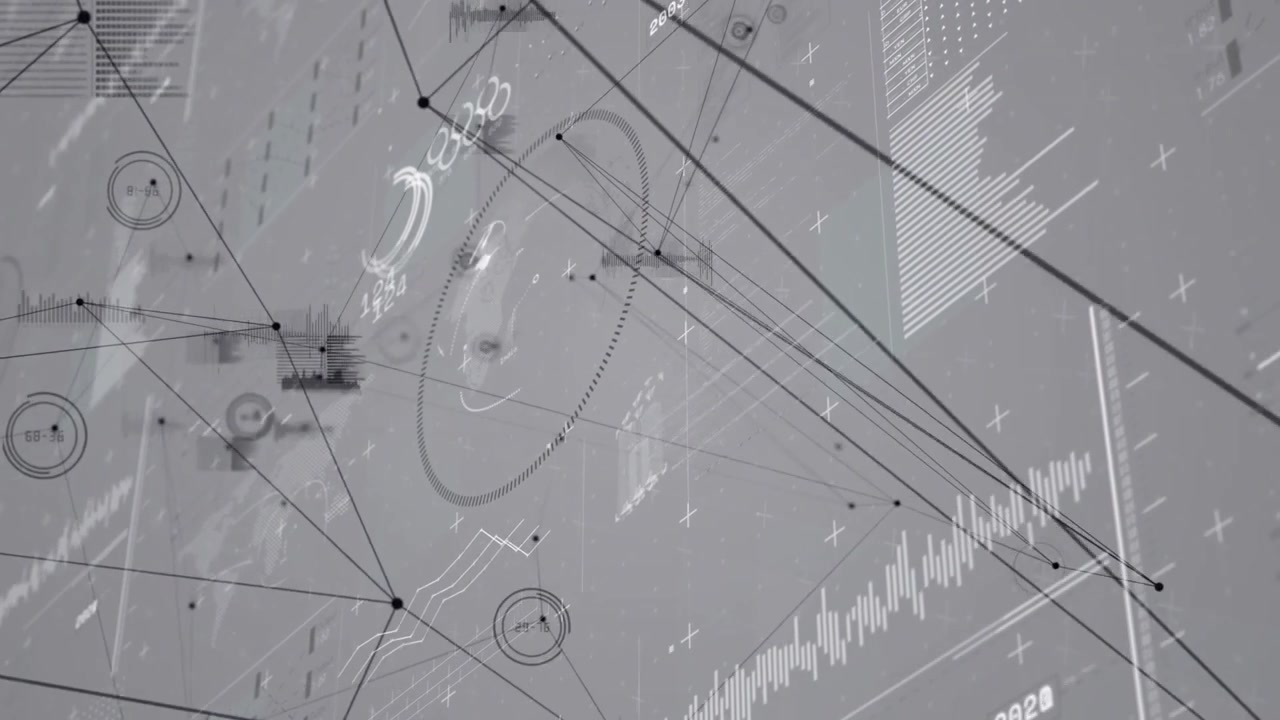 Thin black lines connecting circular nodes, animating data overlays in flat design style