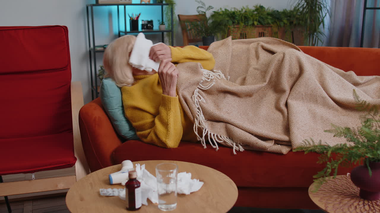 Sick ill senior woman suffering from cold allergy lying on home sofa sneezes wipes snot into napkin