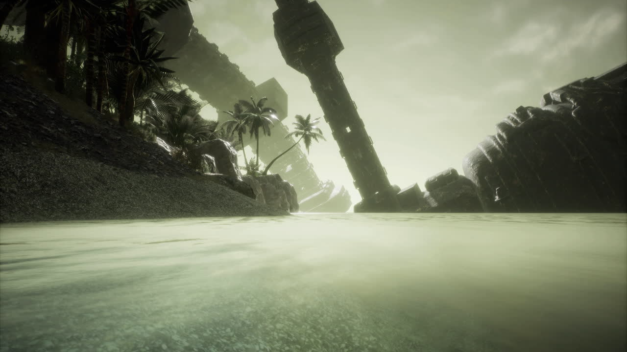 Mysterious alien ship emerges from calm waters at dusk in an exotic location