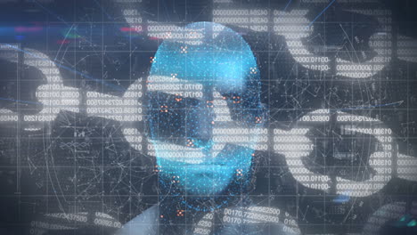 animación de la cabeza humana brillando con cadenas de seguridad de interfaz digital