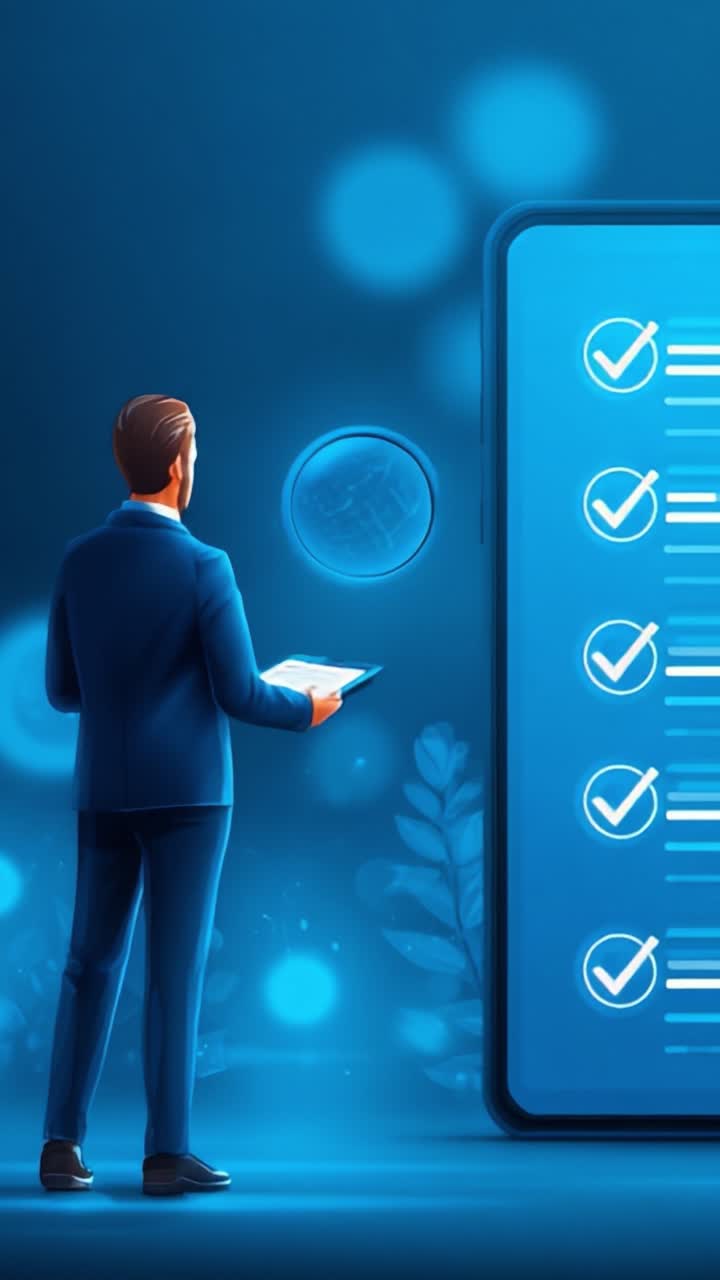 A Business Professional Reviewing Digital Achievements on a Futuristic Tablet Display in an Enigmatic Blue Setting with Abstract Elements