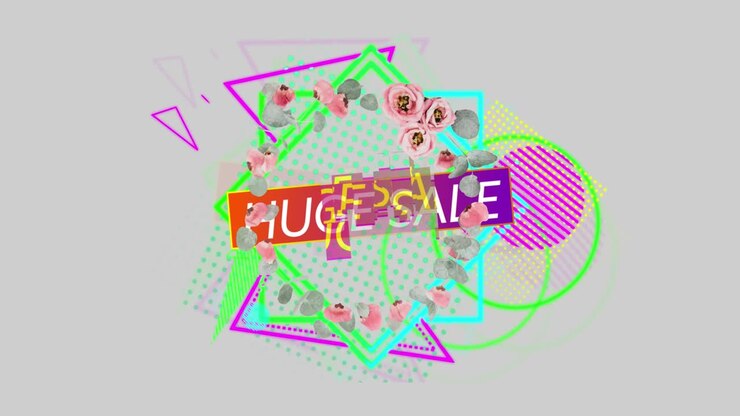 Animation of huge sale text over abstract shapes and flowers moving in hypnotic motion
