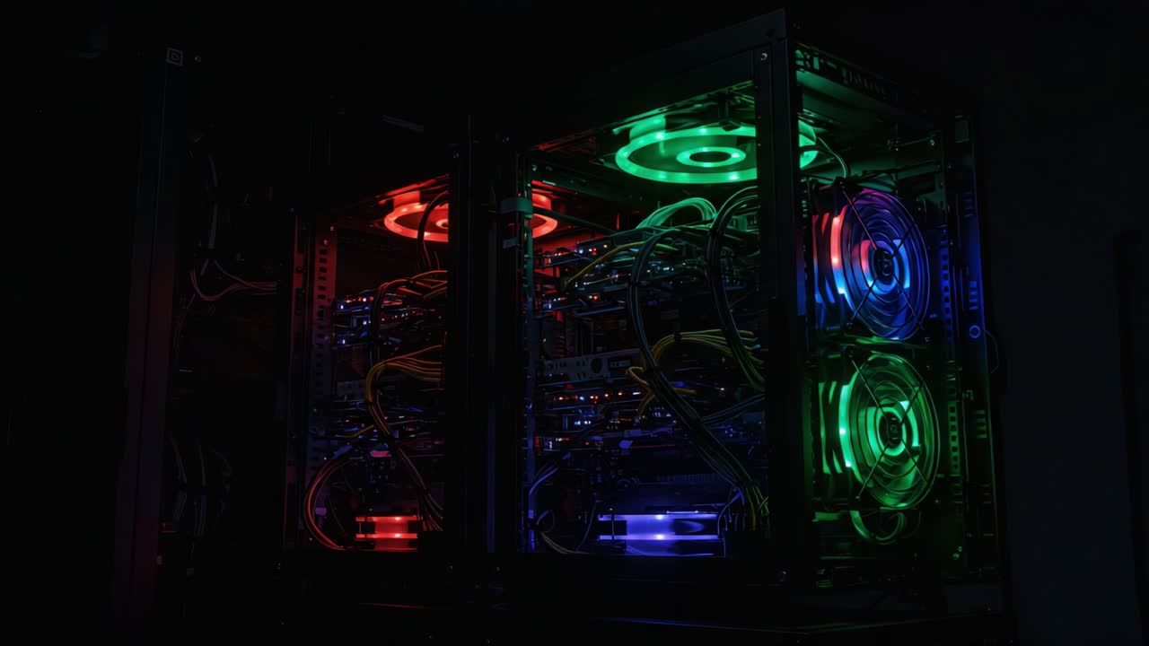 An Immersive Display of High-Performance Computing Systems Featuring Vibrant LED Lighting and Advanced Cooling Solutions for Enhanced Efficiency and Aesthetics