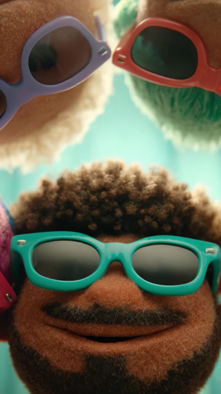 Colorful Puppet Characters Wearing Stylish Sunglasses Posing Together Against a Vibrant Background in a Fun, Whimsical Display of Friendship and Individuality