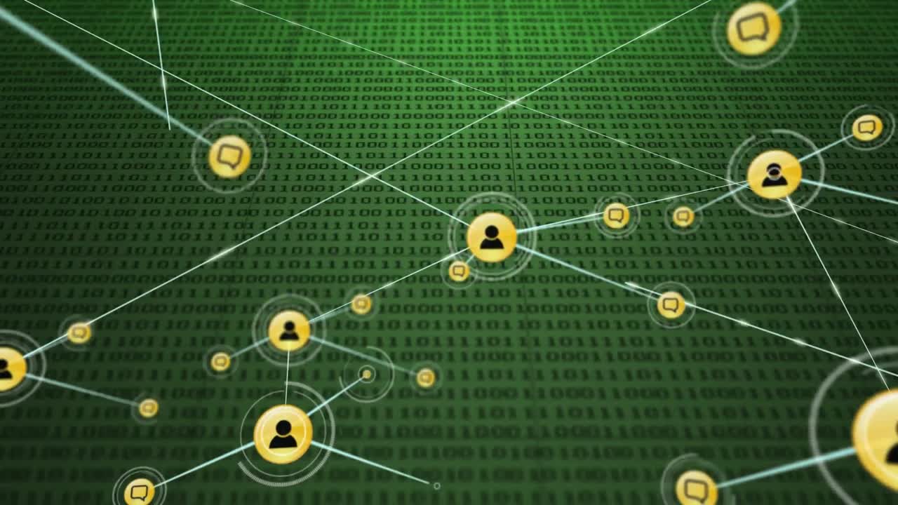 녹색 배경에 디지털 아이콘 네트워크와 바이너리 코딩의 애니메이션