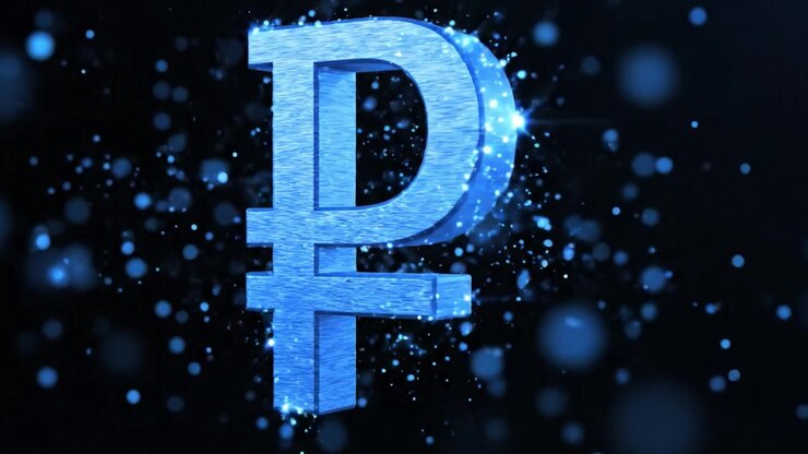 Simbolo di valuta blu scintillante con sfondo scintillante, che rappresenta la finanza digitale e i concetti economici moderni in uno stile elegante e contemporaneo.