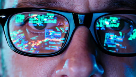 close-up of an eye with reflections of digital code on glasses