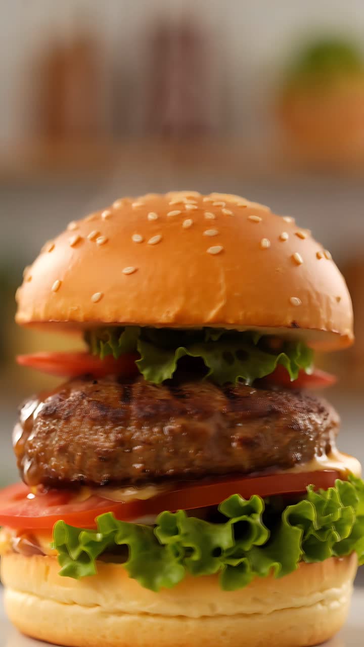 Hamburger Succoso Primo Piano Sfondo Bokeh 4K