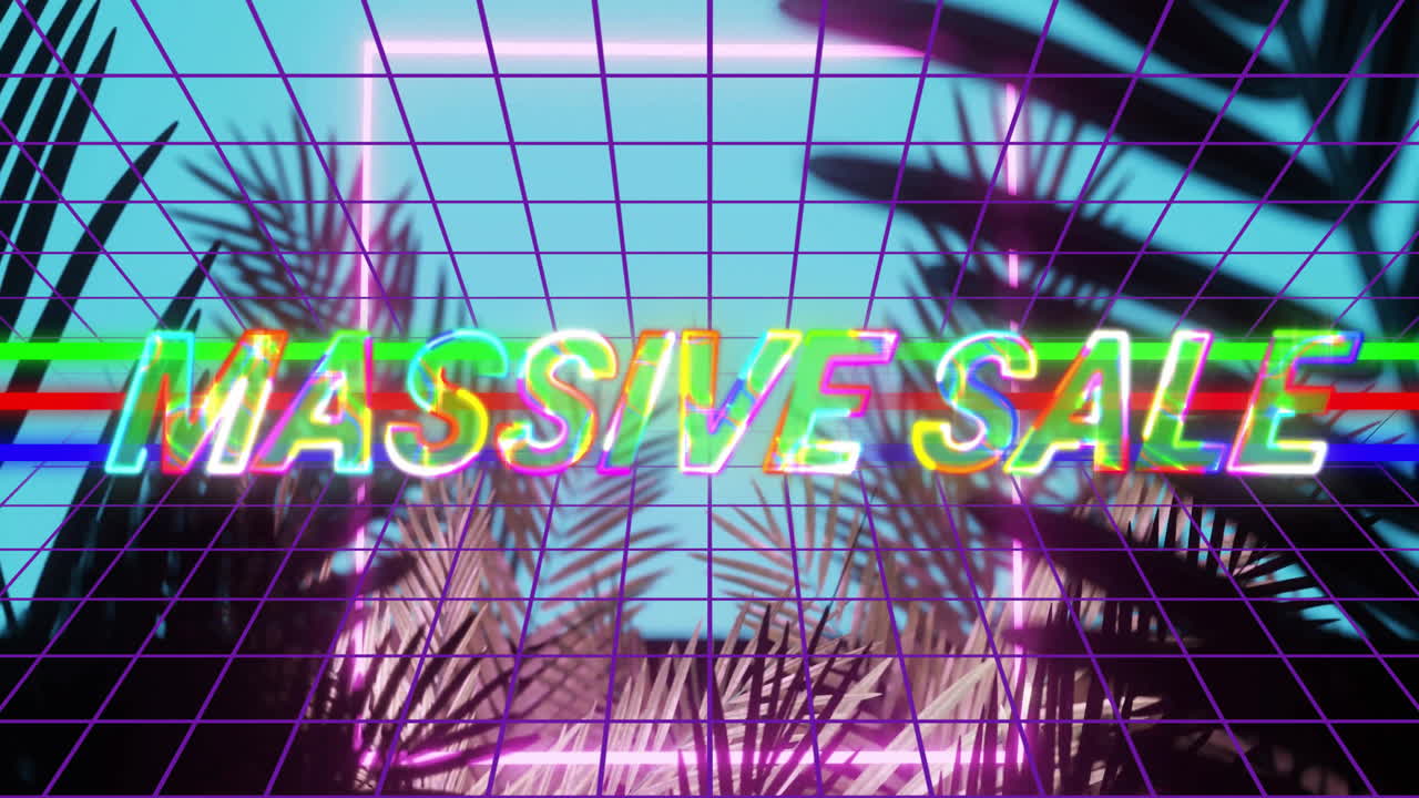 Neon MASSIVE SALE sign glitching and glowing in synthwave grid scene with palm silhouettes