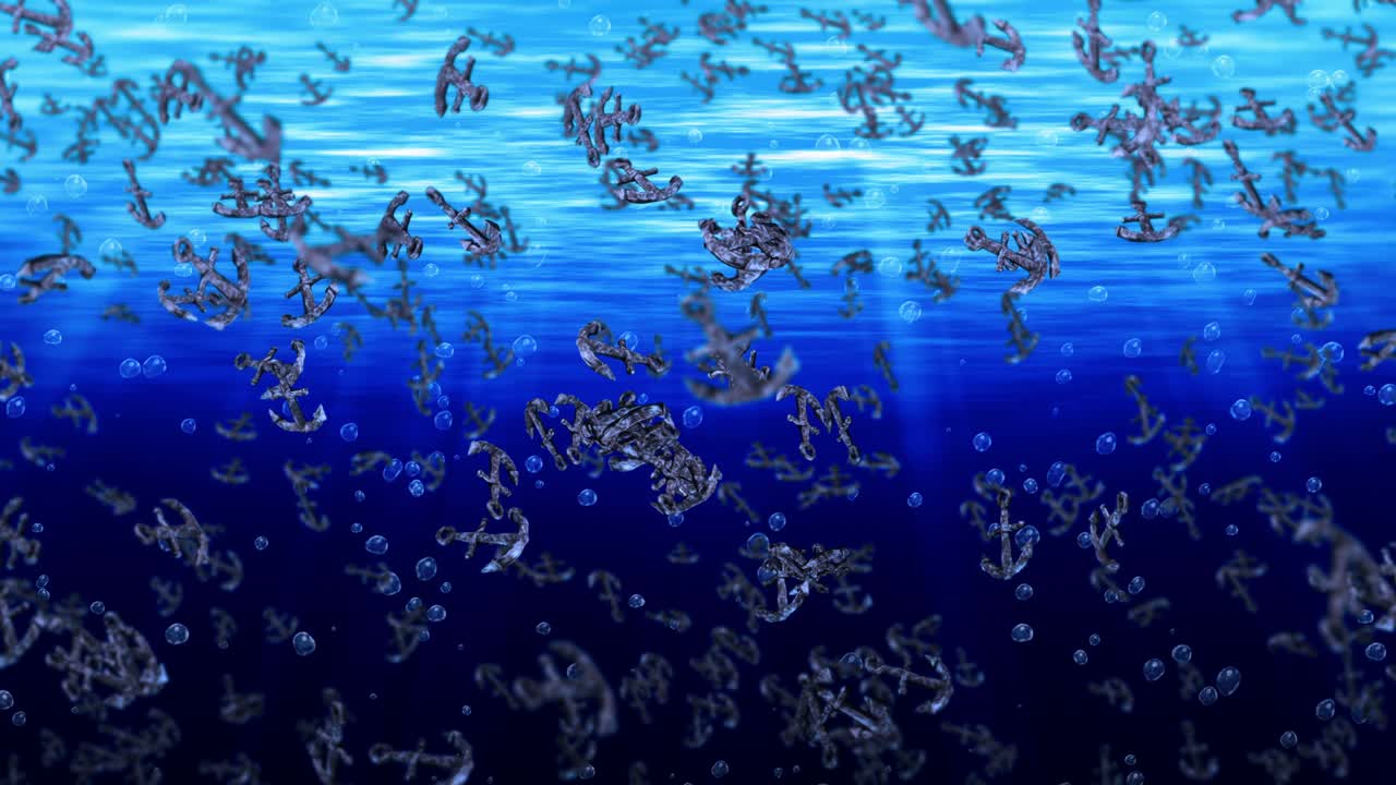 volando muchas anclas en agua azul. ancla de barco y barco. icono marino. animación de bucle 3d de ancla giratoria.