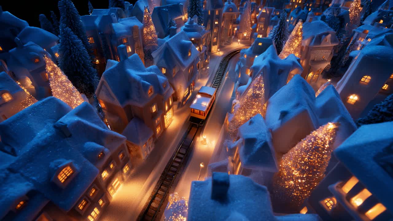 A Cozy Winter Wonderland: A Scenic View of a Snow-Covered Town with Charming Houses, Twinkling Lights, and a Train Traveling Through a Magical Evening Landscape, Evoking a Sense of Nostalgic Holiday Cheer