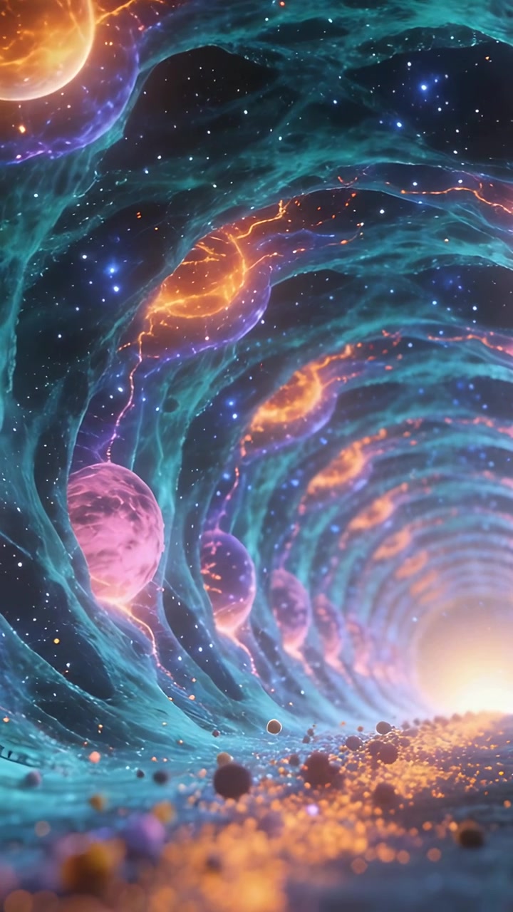 Video verticale: Telecamera in movimento che attraversa un tunnel color verde acqua verso un'uscita luminosa, passando sfere viola