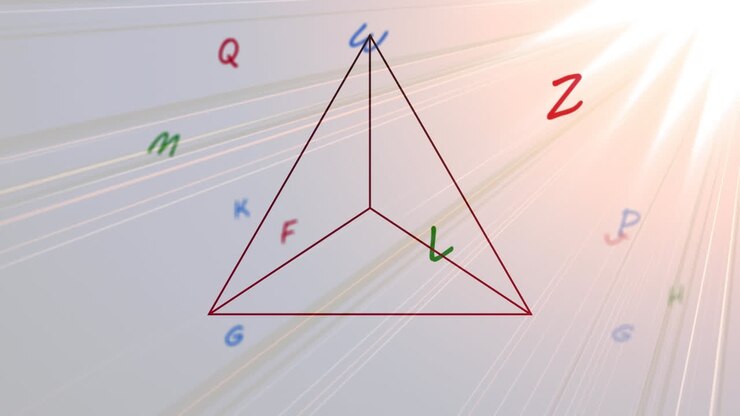 Animazione di un triangolo di linee e lettere colorate che si muovono sopra fasci di luce intensa tremolanti.