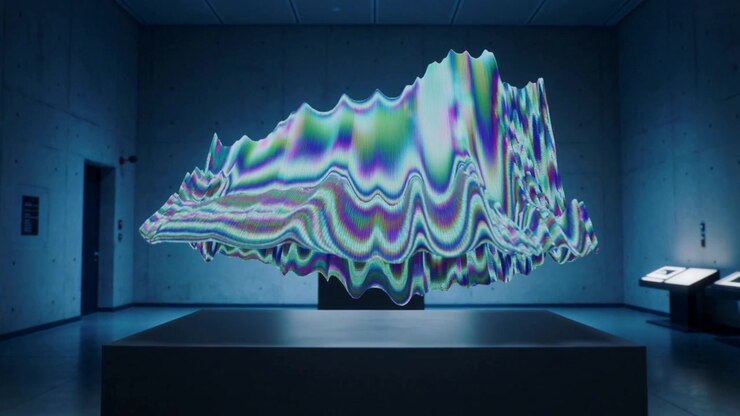 Frames causing hovering rainbow form growing, rippling over plinth in museum with kiosks