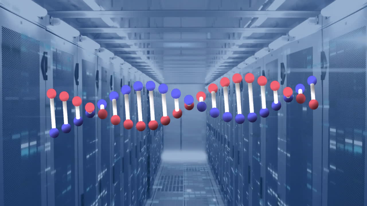 DNA strand animation over data center server racks in futuristic setting