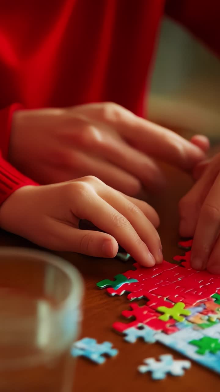 Engaging in a Creative Puzzle-solving Activity: A Close-up of Hands Concentrating on Connecting Colorful Puzzle Pieces on a Wooden Table, with a Glass Nearby, Representing Focused Leisure Time