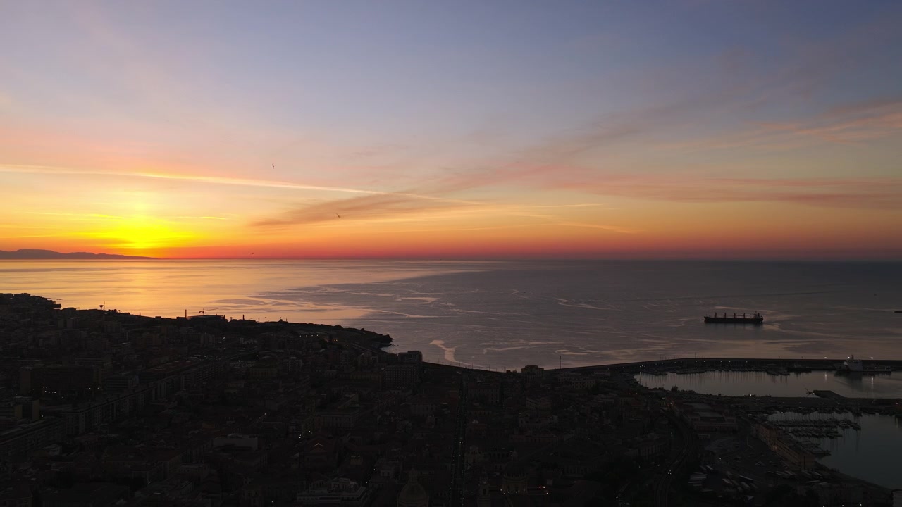 Dramatic Sunset View Of Port of Catania At The Foot of Mount Etna In Sicily, Italy. Aerial Shot