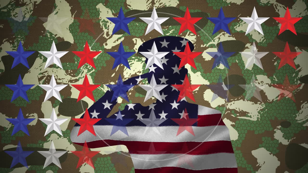 Animation of circle moving in loop over army soldier with flag of america and stars against map