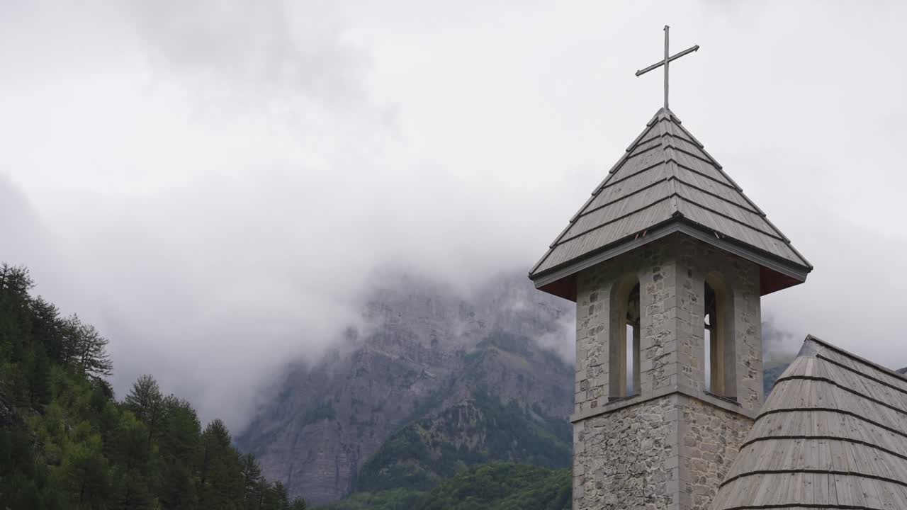Church of Theth Tower with Misty Mountains in Background - Albania