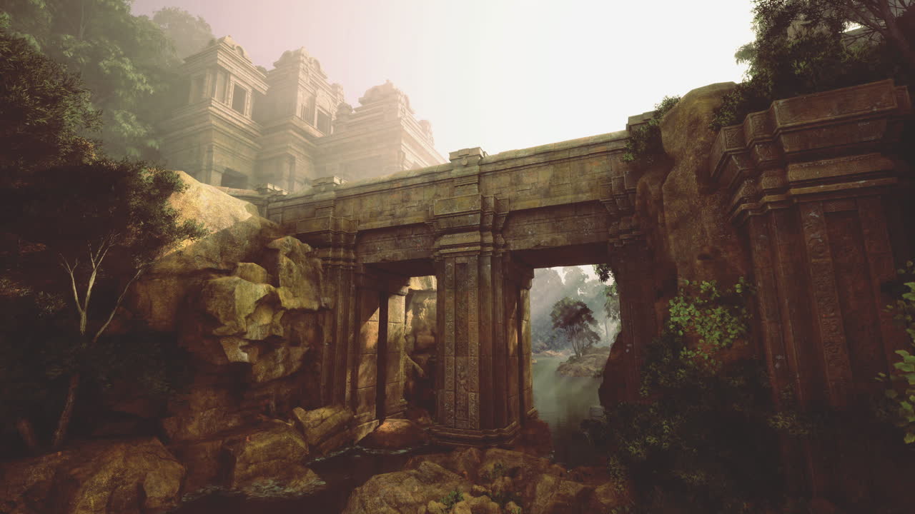 Ancient architecture and lush landscape at twilight in this serene setting