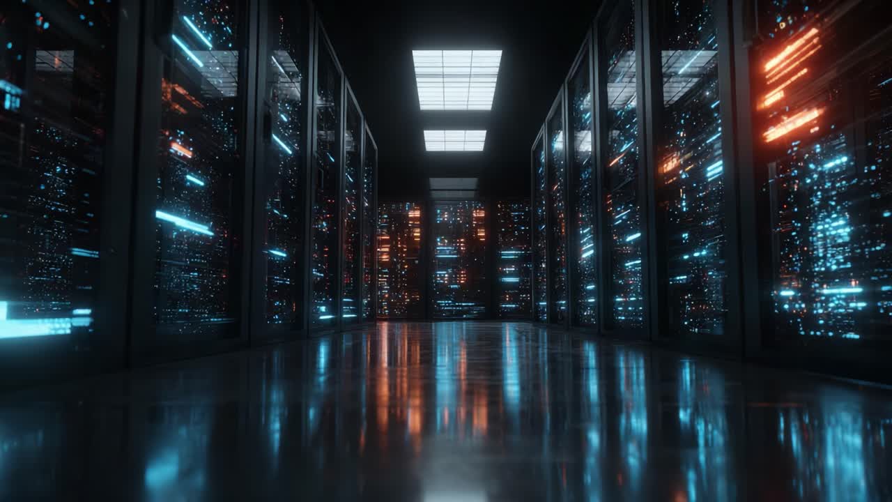 A Futuristic Data Center Corridor Illuminated with Neon Lights, Showcasing Rows of Servers and a Glossy Floor Reflecting Vibrant Blue and Orange Colors