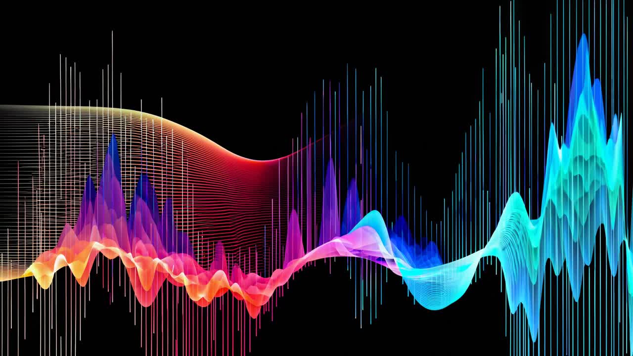 Abstract video concept with vibrant, flowing waveforms in rainbow colors