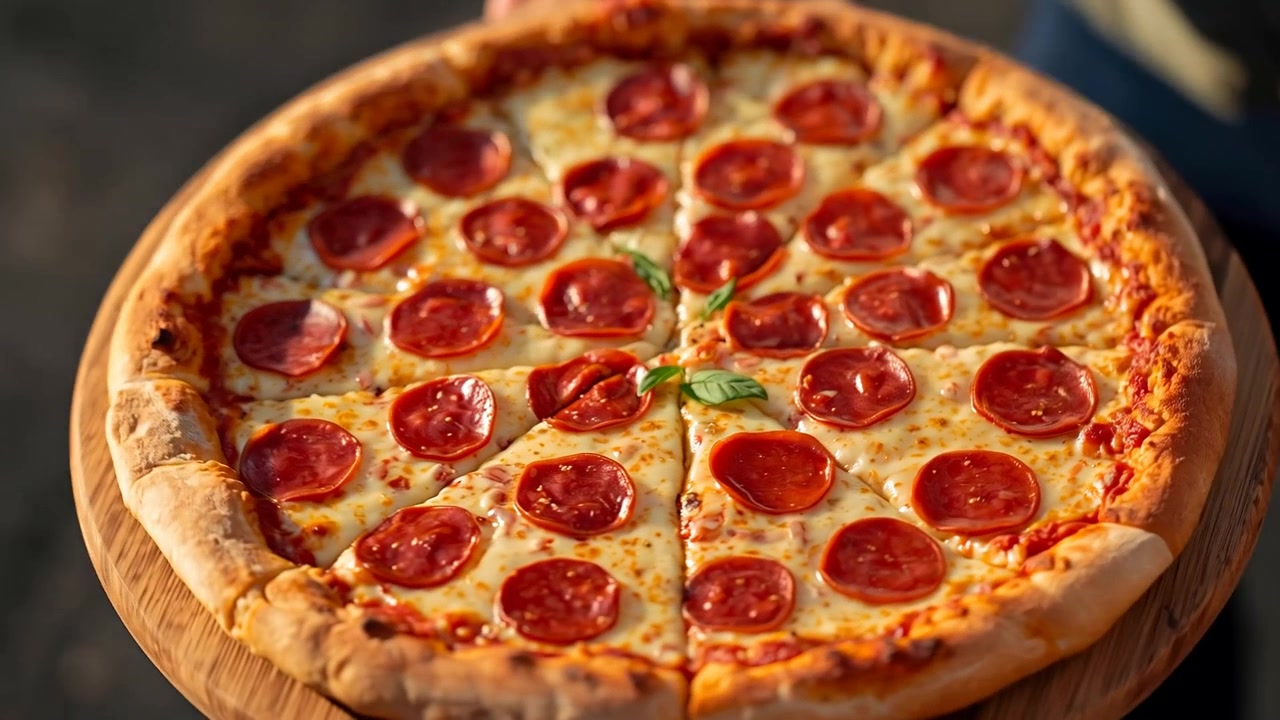 Presentazione di pizza ai peperoni su tagliere di legno all'aperto, con un supporto che stringe l'inquadratura, rivelando il basilico.