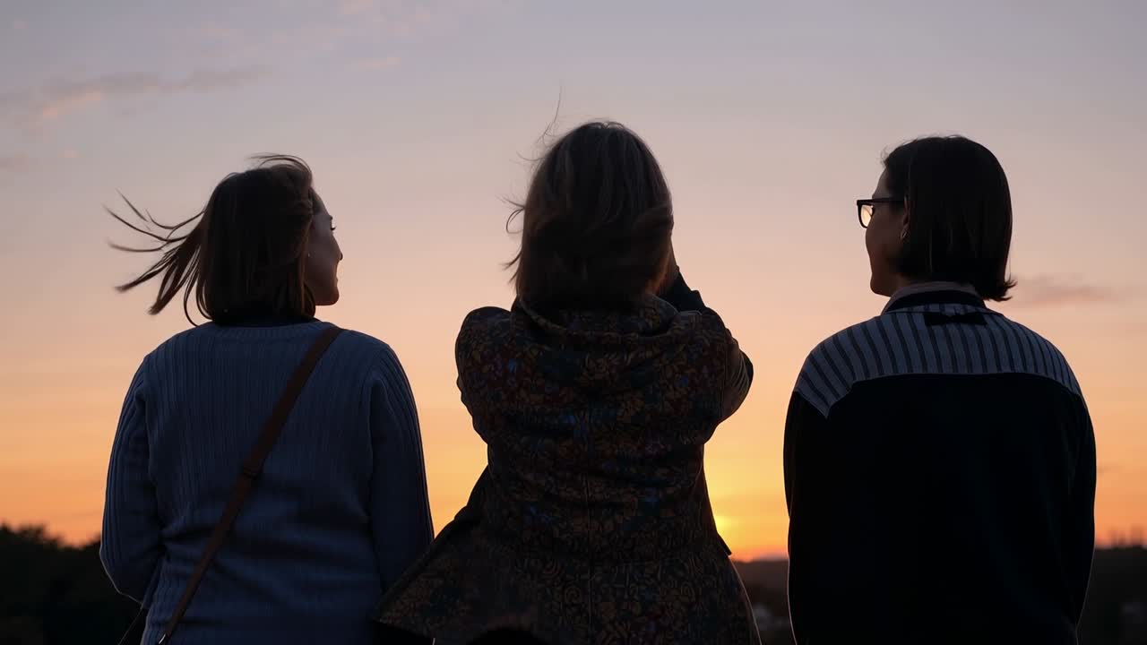 Tre kvinder ses ved et udsigtspunkt ved solnedgang, en brise blæser op, den midterste kaster med håret, iført hætte, skuldertaske og briller
