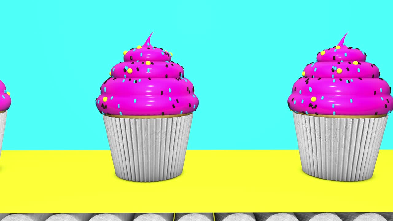 animación en 3d en bucle de pasteles en la cinta.