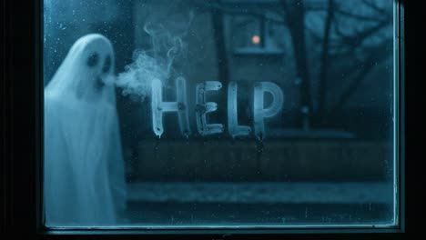 A Haunting Encounter: A Ghostly Figure Emerging from the Shadows with a Plea for Help Written on the Fogged Glass of a Window
