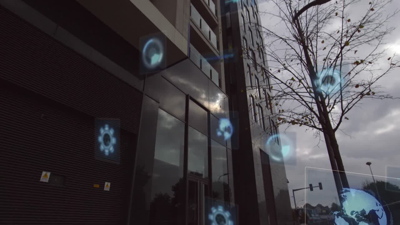 Animazione dell'elaborazione dati su un paesaggio urbano