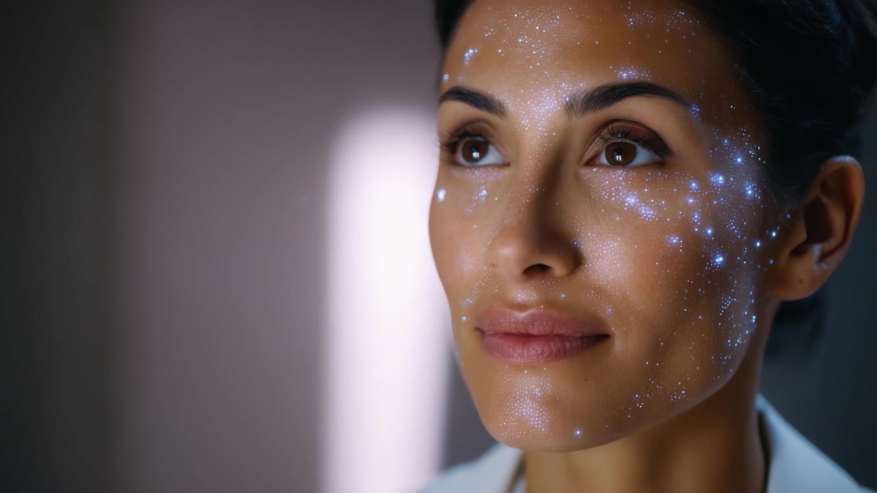 Um close-up do rosto de uma mulher adornado com padrões cintilantes semelhantes a estrelas, destacando a beleza e a profundidade de suas feições em um cenário sereno e encantador.