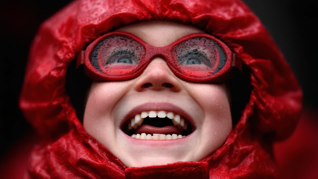 A Joyous Transformation: From Surprise to Delight, a Child's Expression Evolves as They Embrace the Excitement in a Vibrant Red Raincoat and Spectacular Glasses
