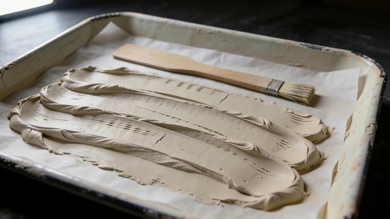 Camera shifting, tray showing five paste ridges on kitchen counter, brush resting, showing texture