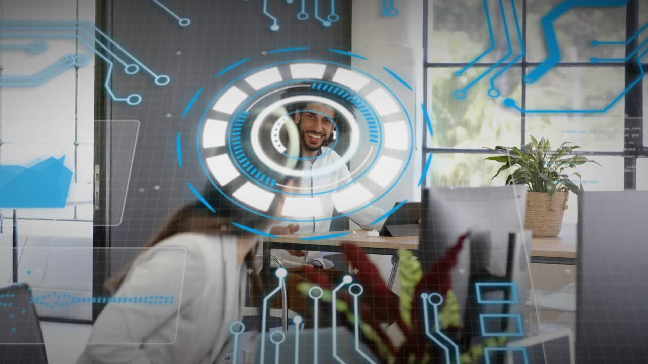 Woman typing, noticing man tapping tablet causing HUD pulsing, sparking eye contact, tech circuits