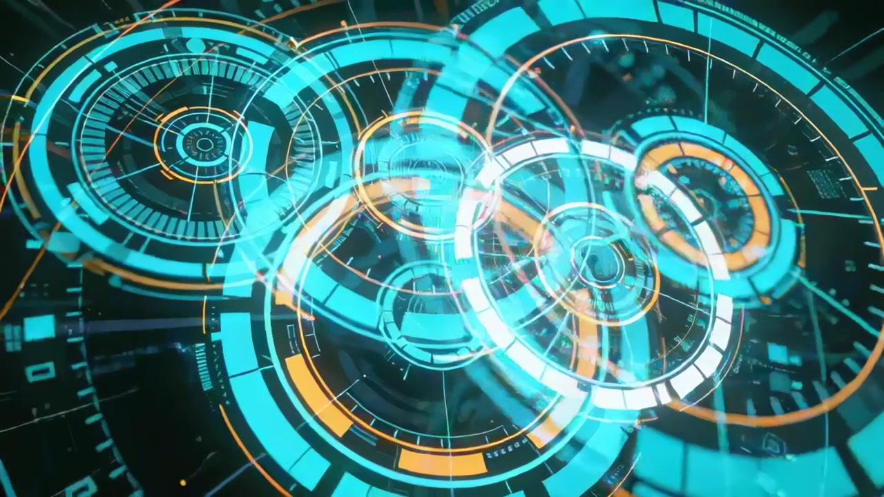 First frame showing rings unfolding, rotating, aligning in dark void, forming teal orange 3D HUD