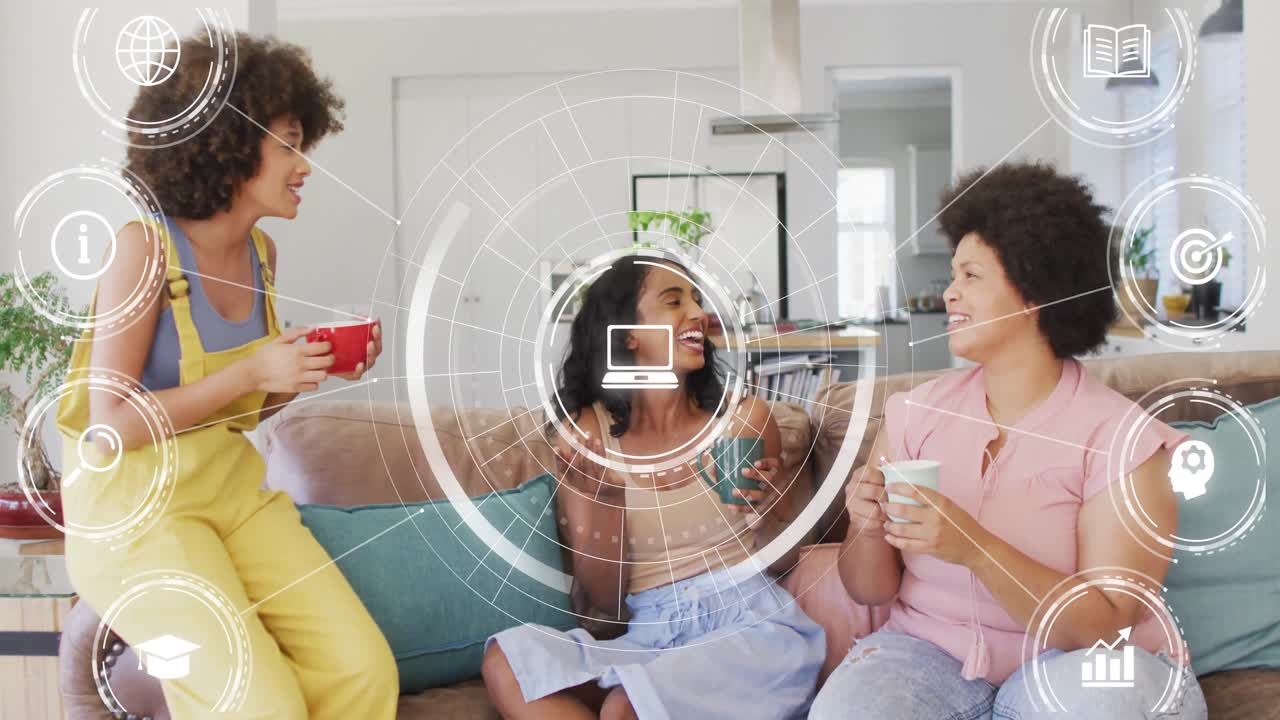 three women chatting and sipping mugs on sofa, sparking circular digital UI expanding with icons