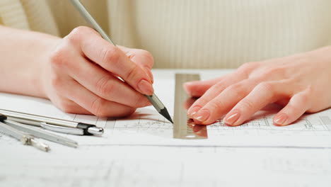 close-up of an architect or engineer's hands working on blueprints