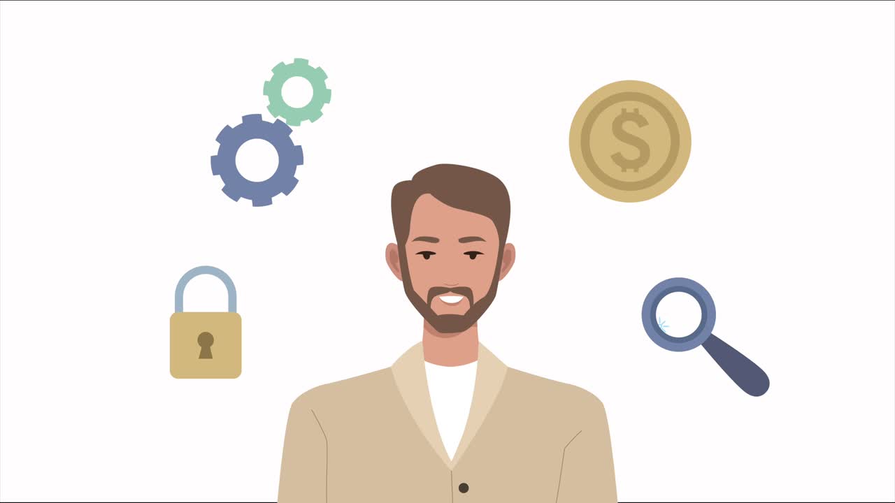 young businessman with business icons